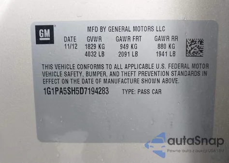 2013 Chevrolet Cruze Ls Auto from USA, damaged, VIN 1G1PA5SH5D7194283